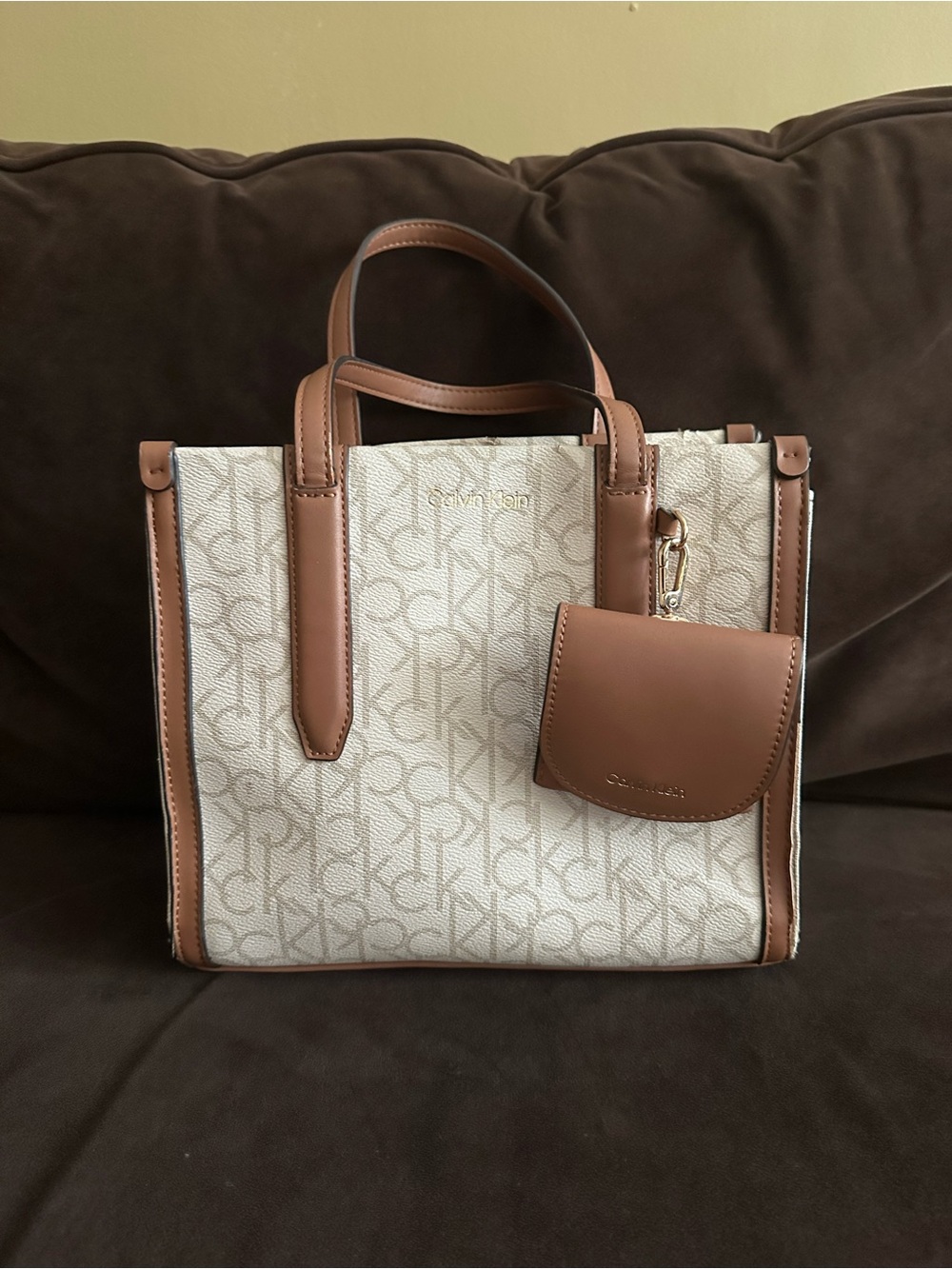 Calvin Klein Cream Tote with Brown Trim and Coin Pouch